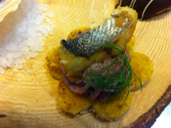 Crostino di pane con mousse ricotta e mirtilli con branzino scottato